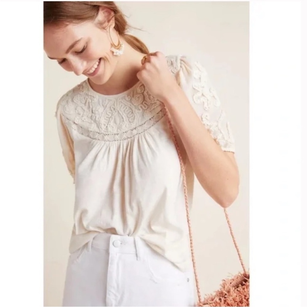 Anthropologie Cream Lace-Yoke Short Sleeve Blouse